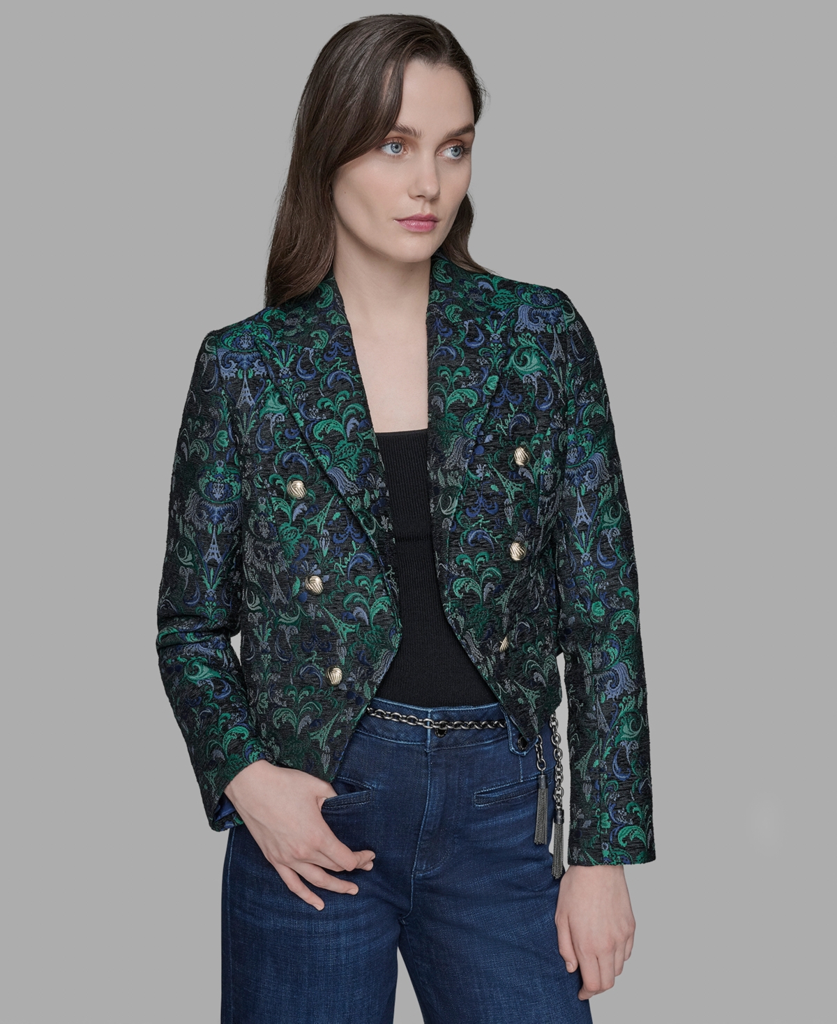 Karl Lagerfeld Petite Jacquard Open-front Jacket In Green