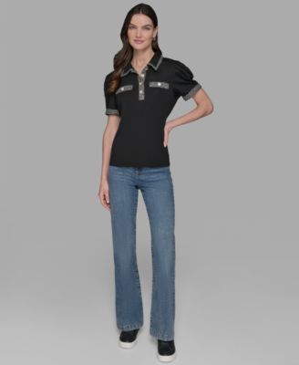 Petite Tweed-Trim Knit Top