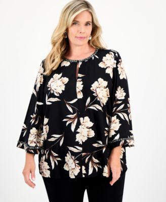 Plus Size Beaded-Trim Floral 3/4-Sleeve Top
