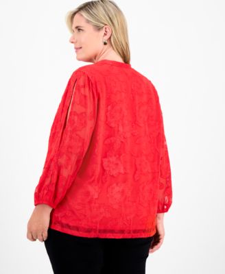 Plus Size Shine Jacquard Blouson-Sleeve Blouse, Macy's Exclusive