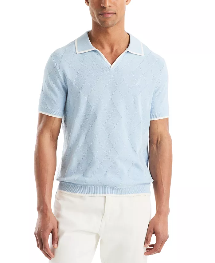 Men's Short Sleeve Textured Argyle Polo Sweater
