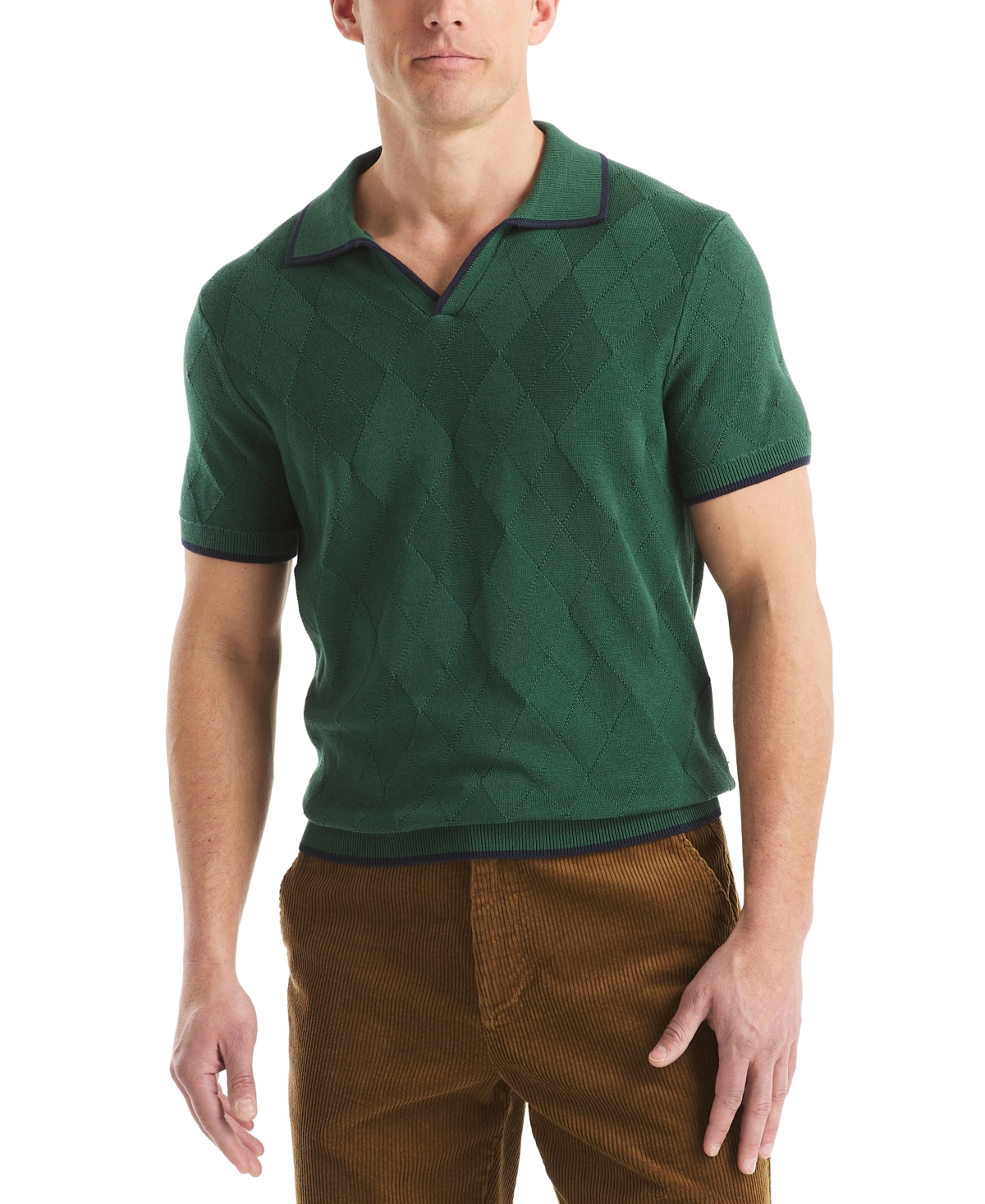 Nautica Men's Short Sleeve Textured Argyle Polo Sweater In Green
