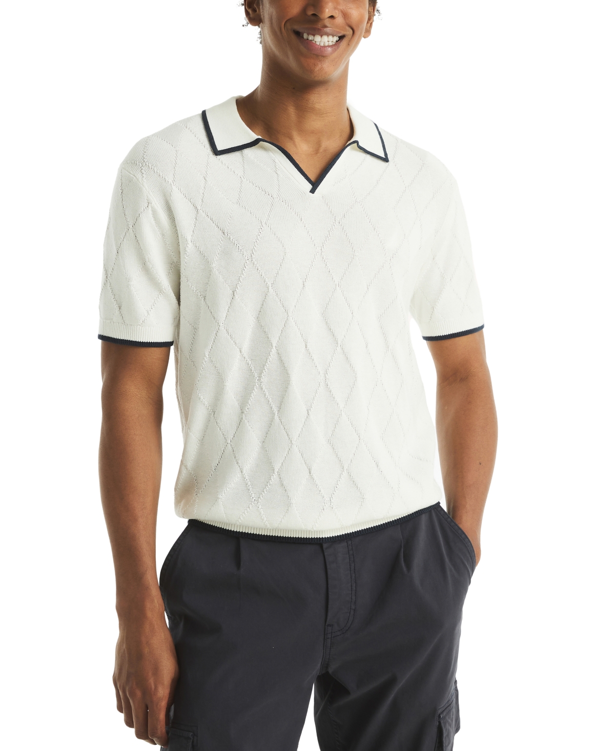 Men's Short Sleeve Textured Argyle Polo Sweater - Sail White
