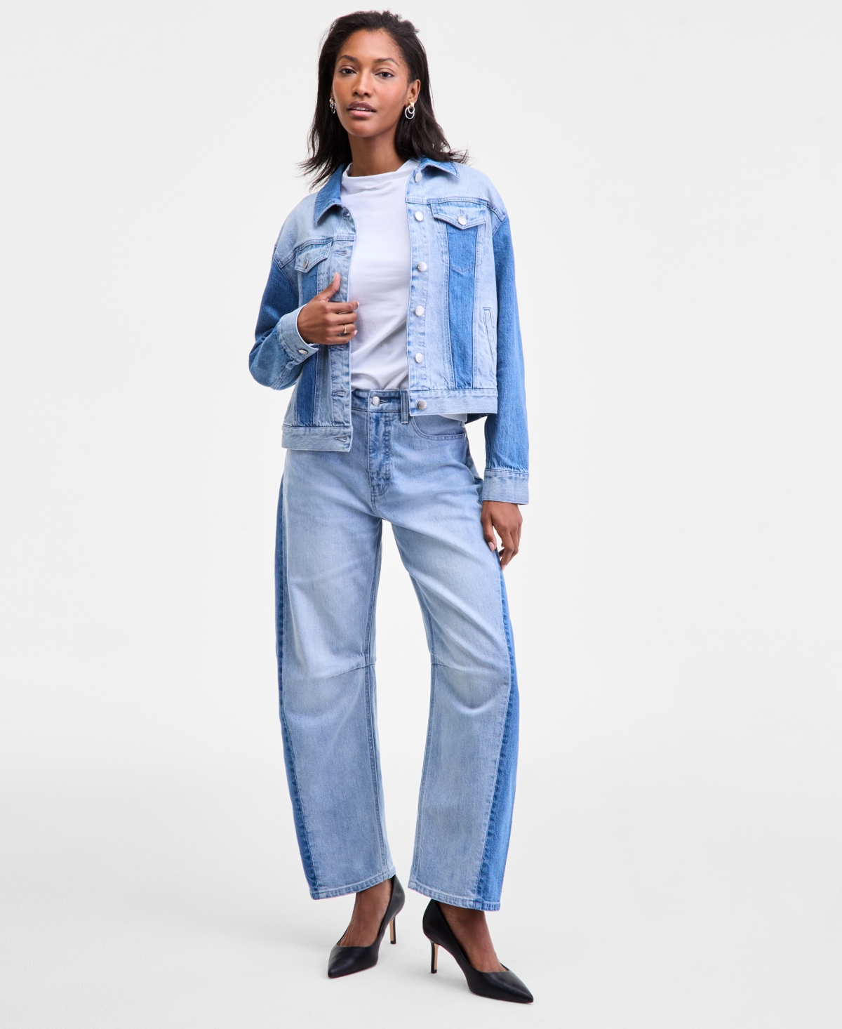 On 34th Womens Two Tone Denim Trucker Jacket Xxs 3x Macys Exclusive In Blue