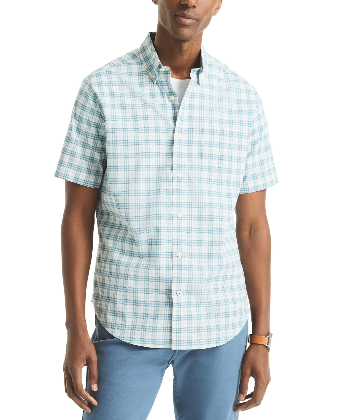Men's Short Sleeve Tattersall Button-Down Shirt - Bright White