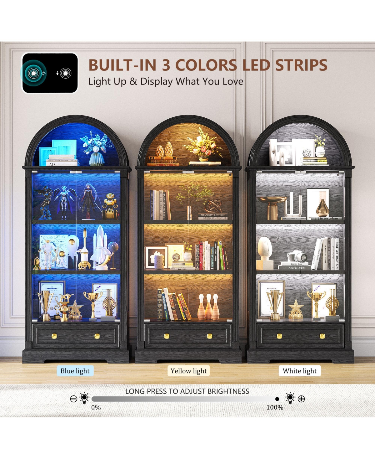 Vlsrka 72.8" Arched Glass Display Cabinet with Led Motion Sensor Light