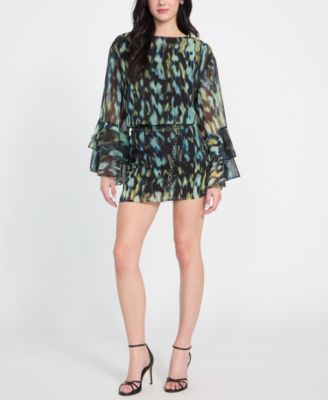 GUESS - Women's Belted Chiffon Fit & Flare Dress