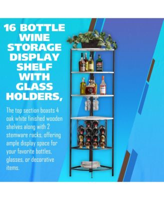 5 Tier Corner Wine Rack with Glass Holder and Storage Shelves, Wine Bar Cabinet for Living Room, Dining Room, Kitchen