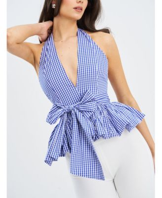 Women's Ilene Blue and White Checkered Bubble Hem Halter Top