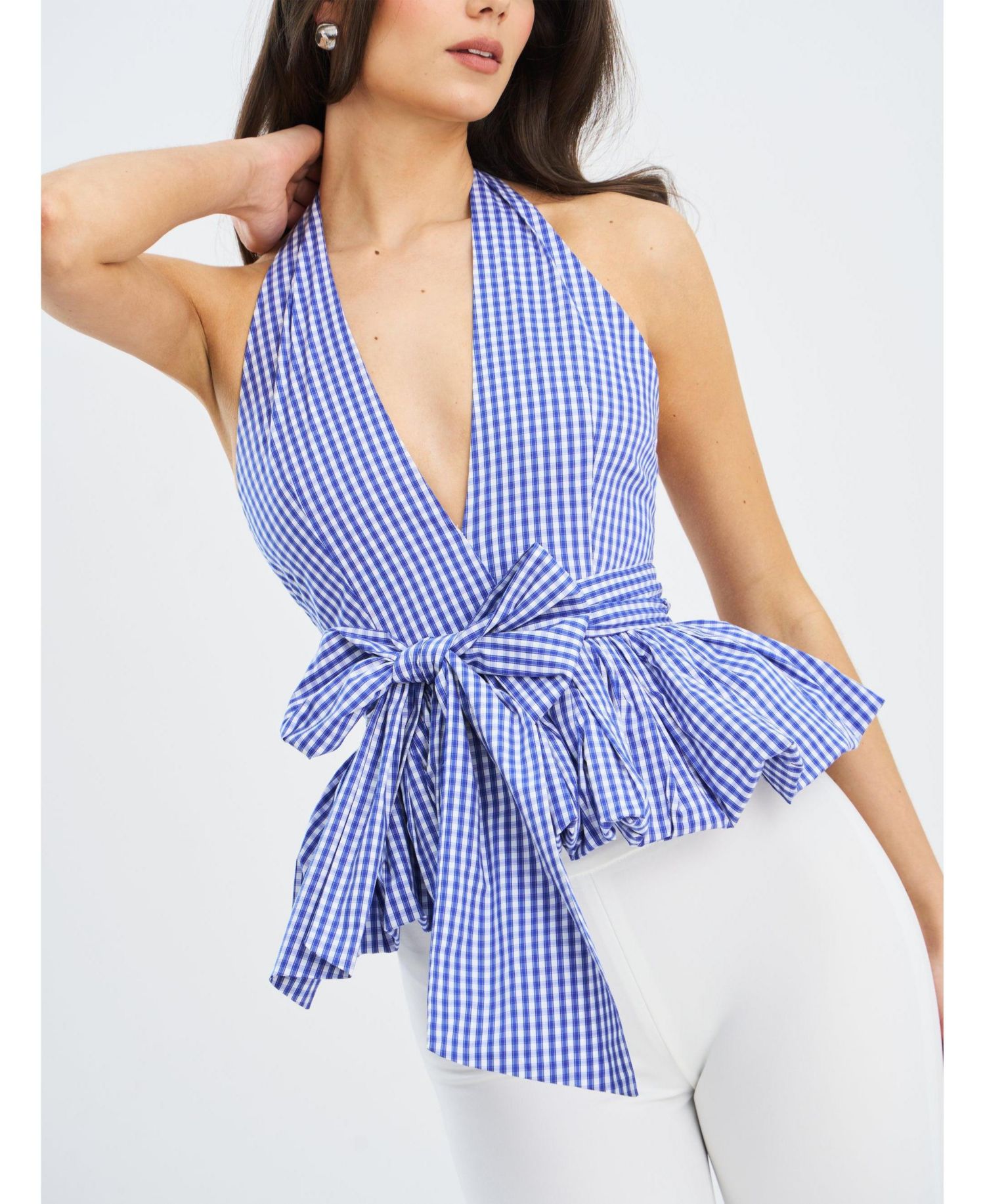 Women's Ilene Blue and White Checkered Bubble Hem Halter Top