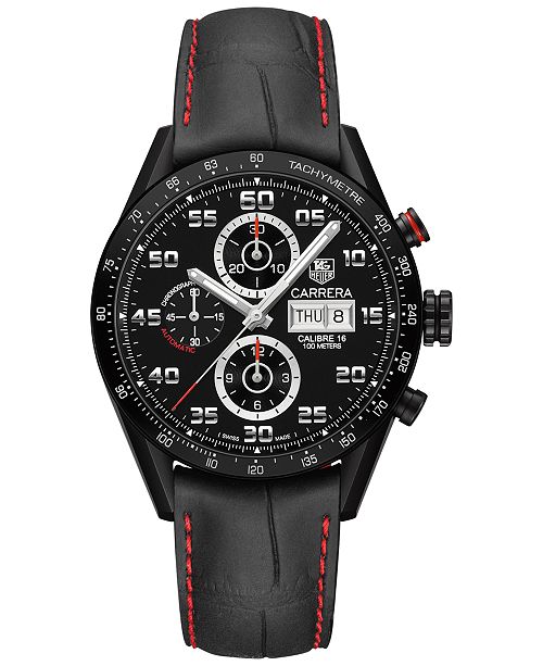 Tag Heuer Men S Swiss Automatic Chronograph Carrera Black Leather Strap Watch 43mm Reviews Watches Jewelry Watches Macy S