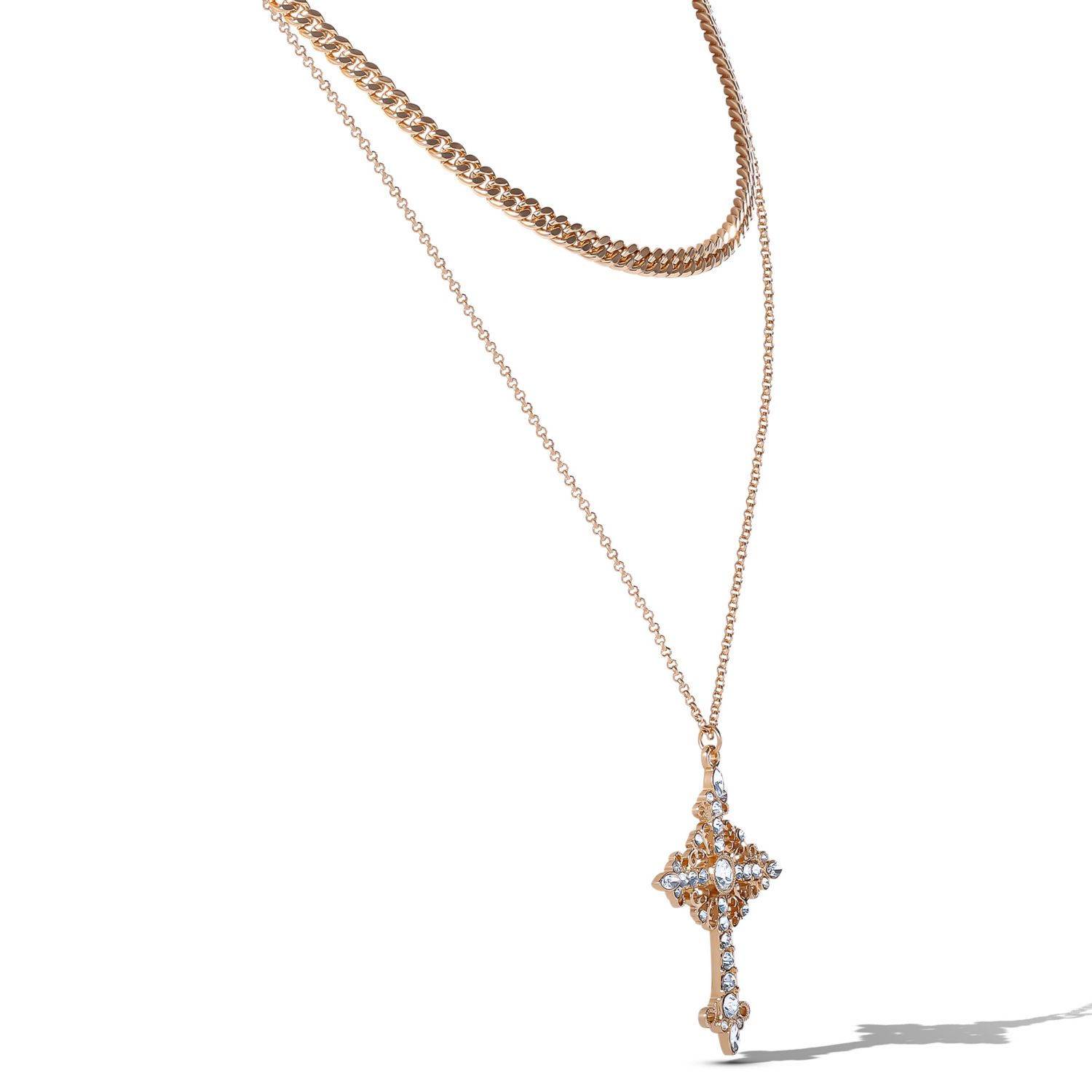 Gold-Tone Rhinestone Cross and Curb Chain Necklace Set
