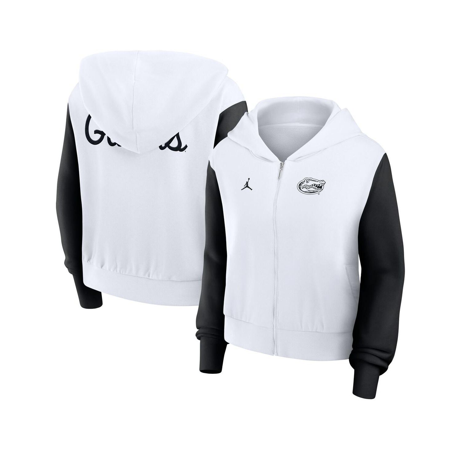 Women's White Florida Gators Cropped Athletic Prep Color Block Script Full-Zip Hoodie