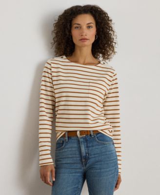 Ralph Lauren Womens Striped Jersey Snap Trim Boatneck Top P Xs Xxl