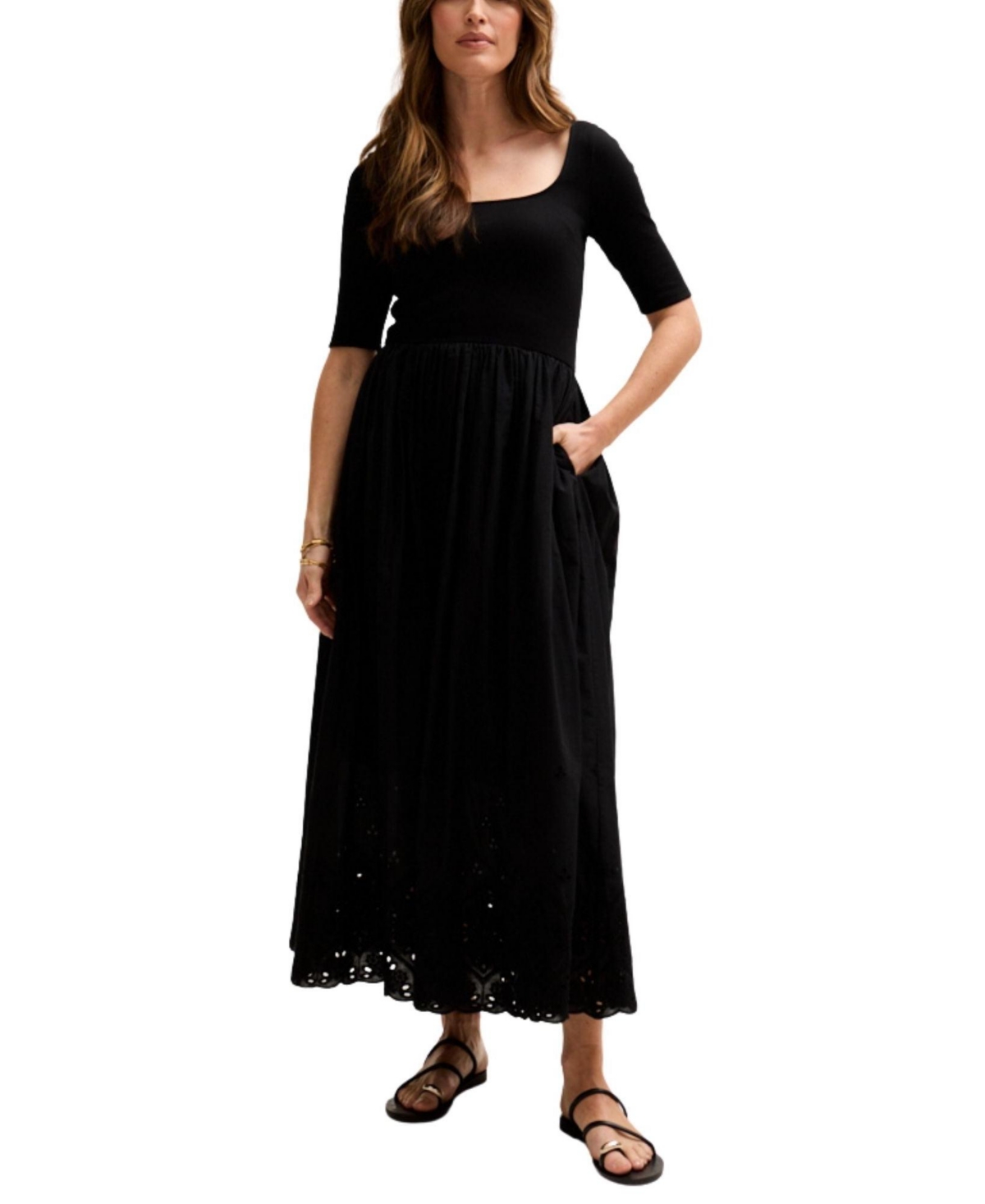 Women's Sydney Short Sleeve Jersey Bodice Embroidered Midi Dress - Black