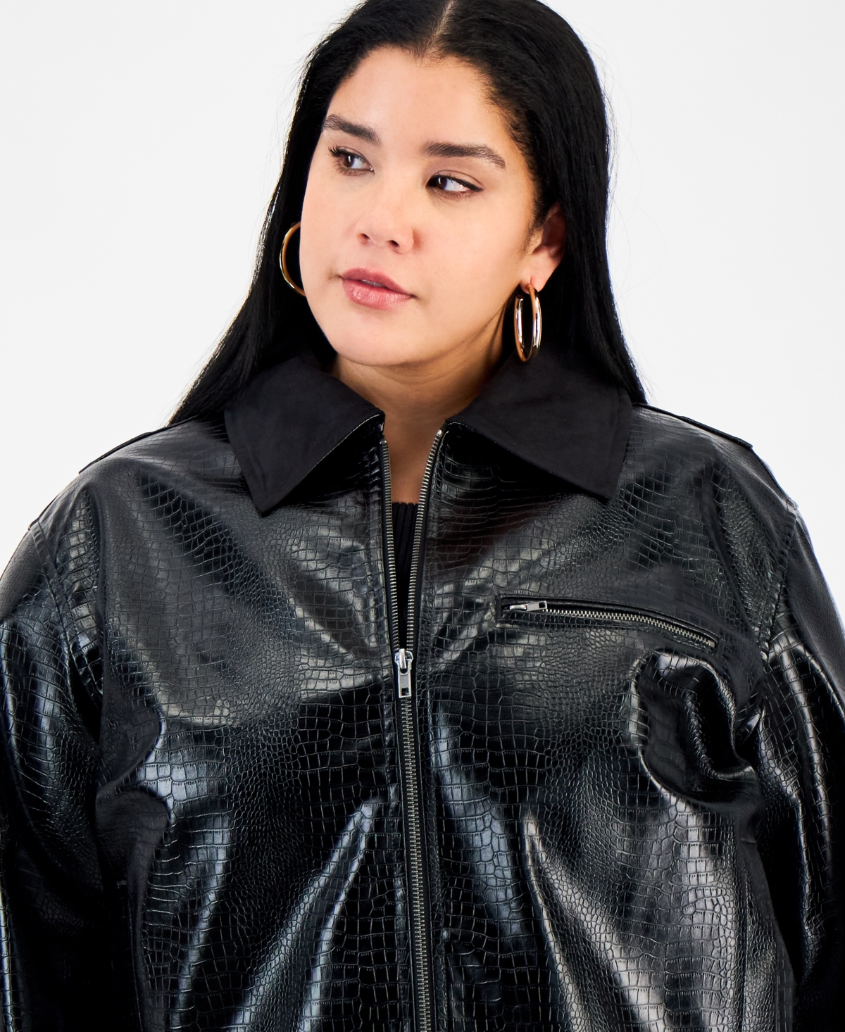 Bar Iii Trendy Plus Size Emboss Faux-leather Jacket, Macy's Exclusive In Black