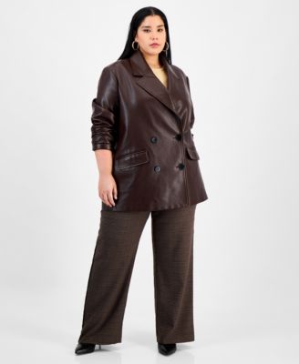 Trendy Plus Size Double-Breasted Faux Leather Blazer, Macy's Exclusive