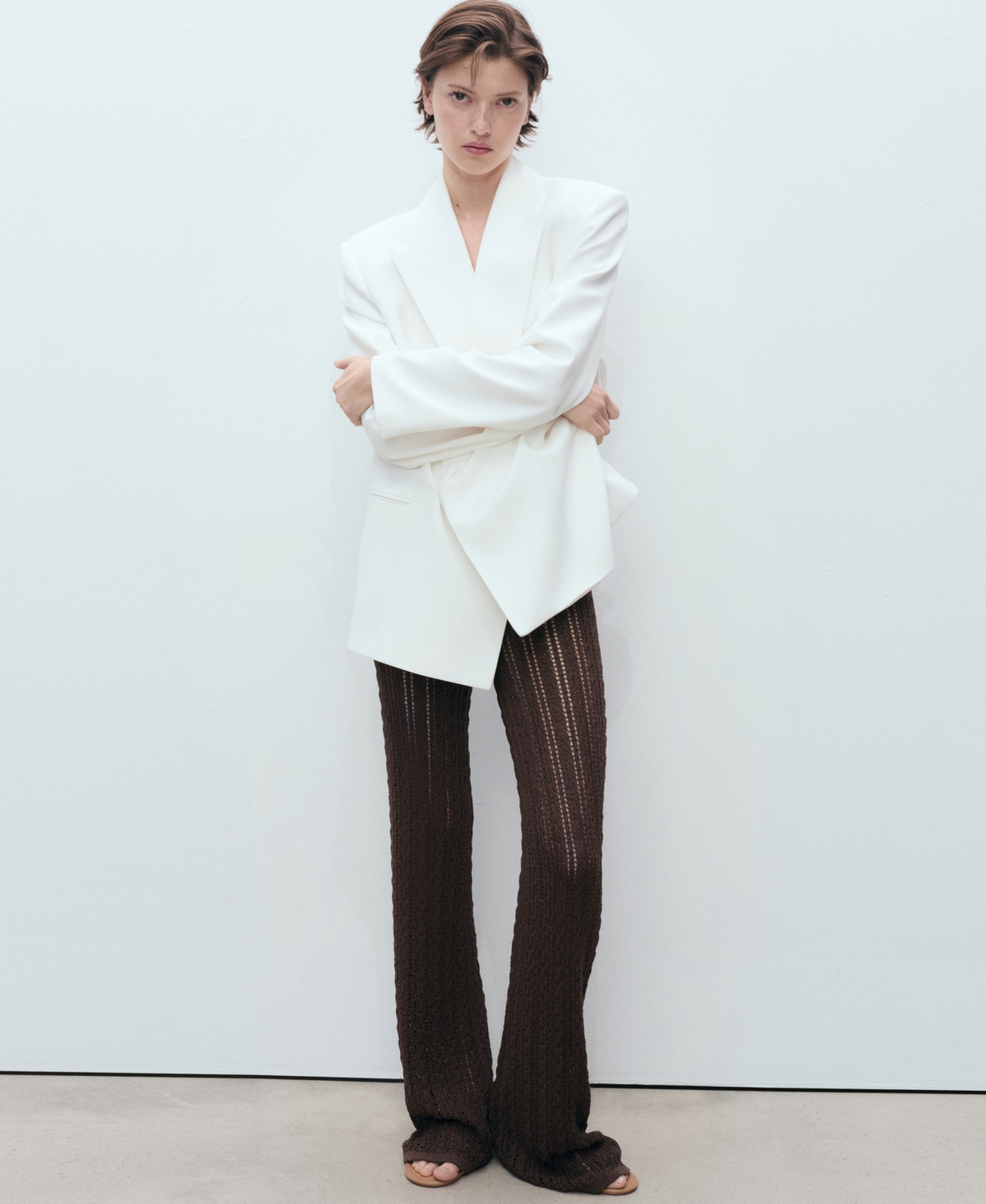 Mango Openwork Knit Pull-on Straight Leg Pants In Brown