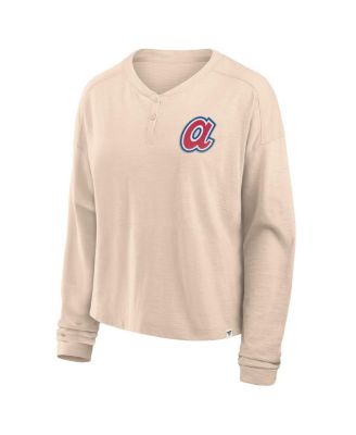 Women's Tan Atlanta Braves Oversized Stadium Slub Long Sleeve Henley T-Shirt
