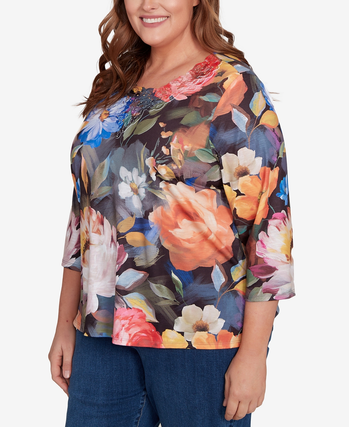 Alfred Dunner Plus Size Classic Dramatic Floral Lace Neck Top In Blue