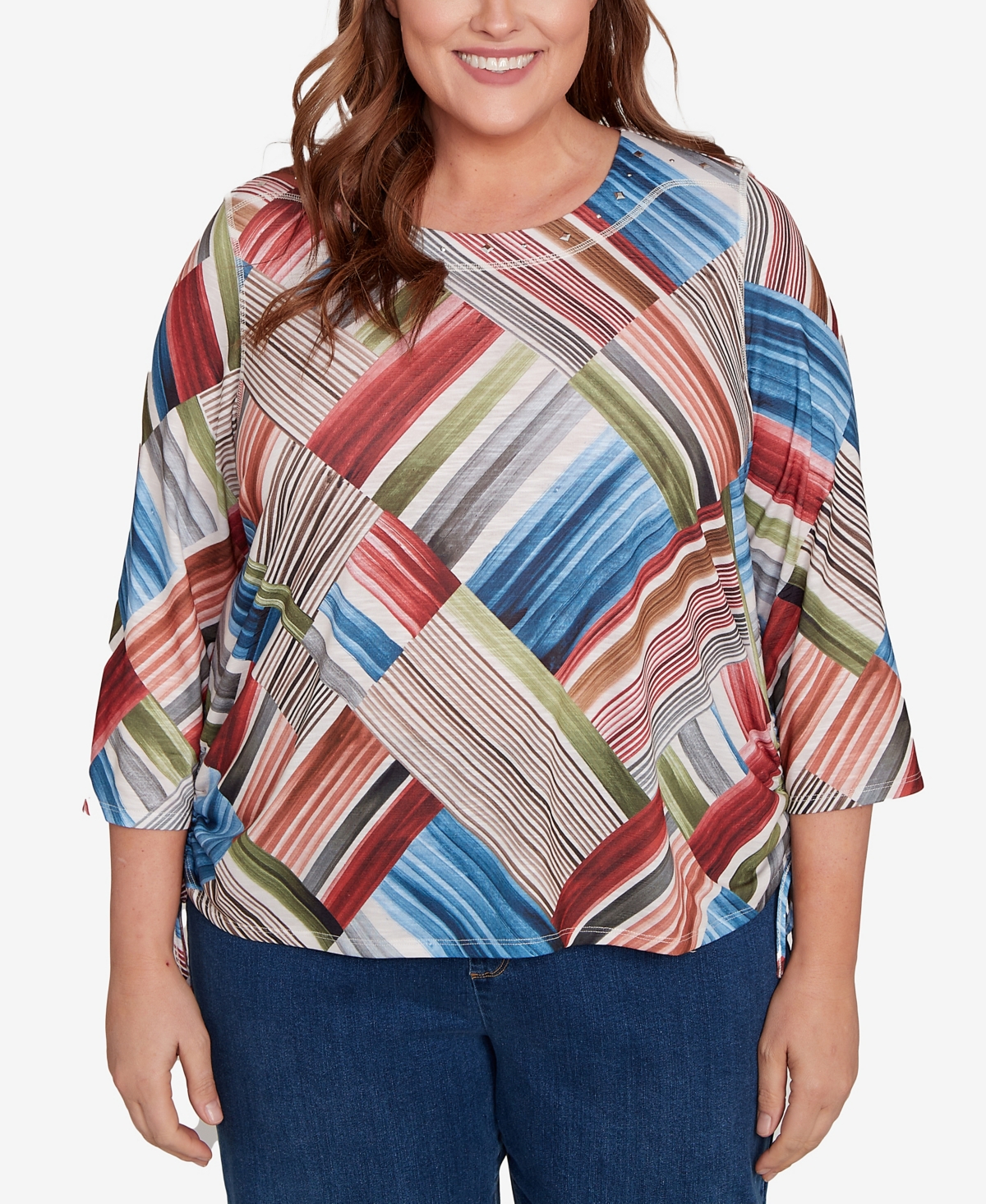 Alfred Dunner Plus Size Classic Stripe Patchwork Ruched Sides Top In Multi