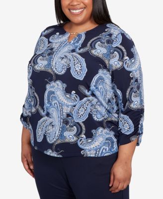 Plus Size Classic Puff Print Paisley Gold Foil Keyholeneck Top