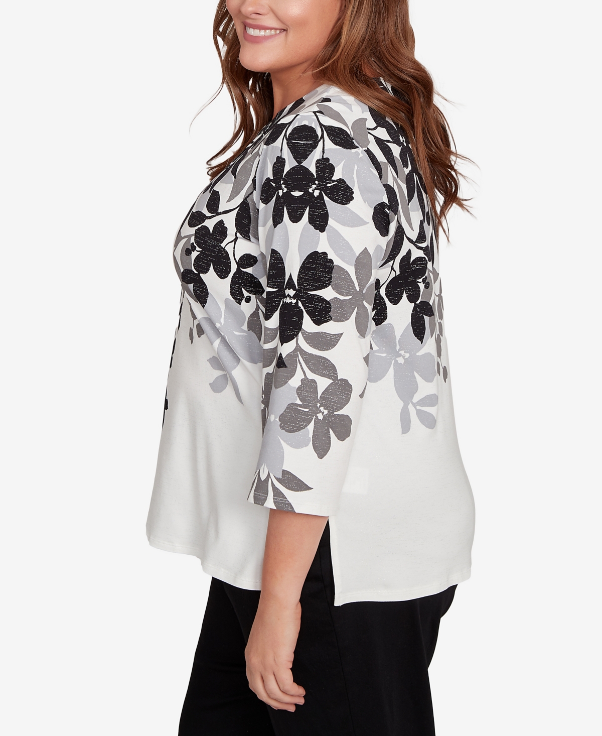 Alfred Dunner Plus Size Classic Shadow Leaf Three Quarter Sleeve Top In Multi