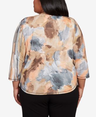Plus Size Classic Spliced Floral Stripe Crew Neck Top