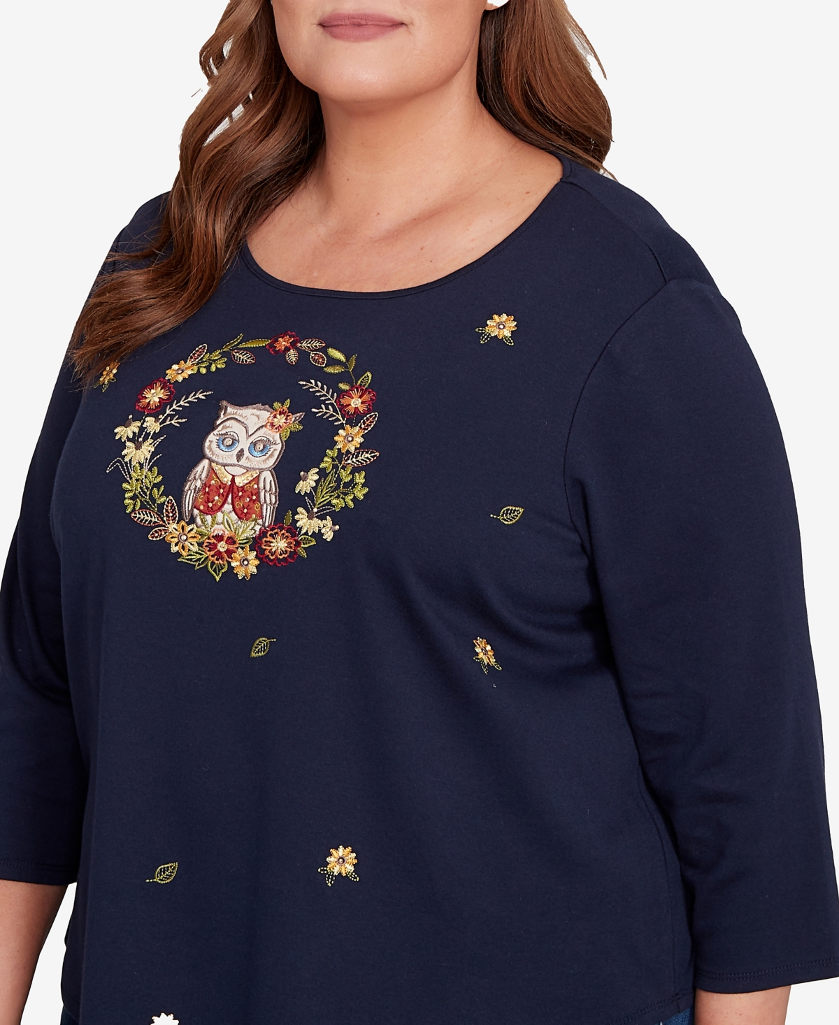 Alfred Dunner Plus Size Classic Owl Wreath Embroidered Top In Blue