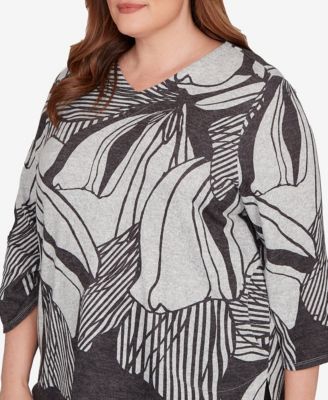 Plus Size Classic Abstract Floral Stripe V-Neck Top