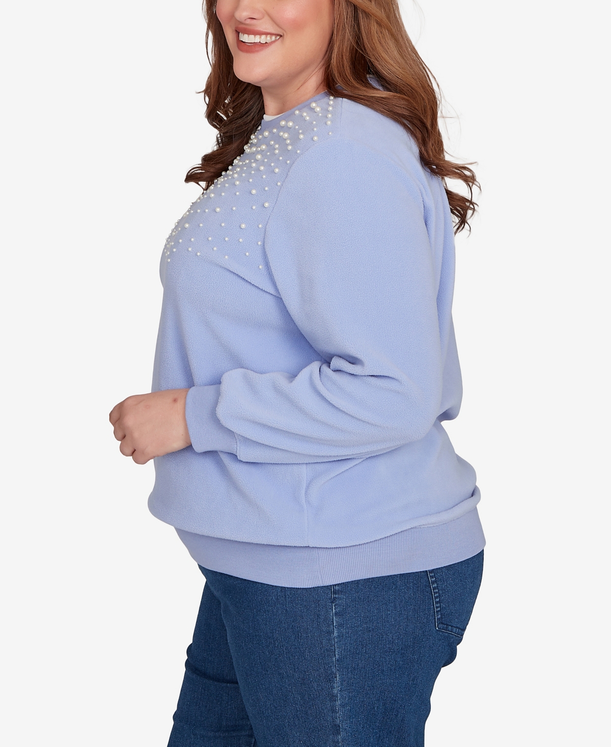 Alfred Dunner Plus Size Classic Embellished Neckline Anti-pill Sweater In Blue