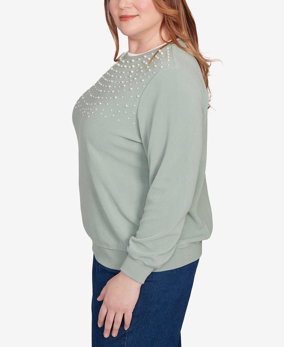 Alfred Dunner Plus Size Classic Embellished Neckline Anti-pill Sweater In Green