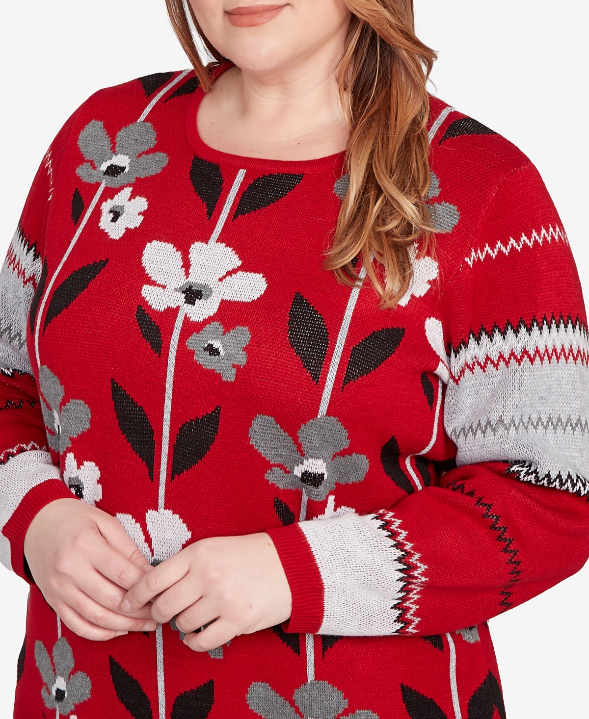 Alfred Dunner Plus Size Classic Vertical Flower Zig Zag Sweater In Red