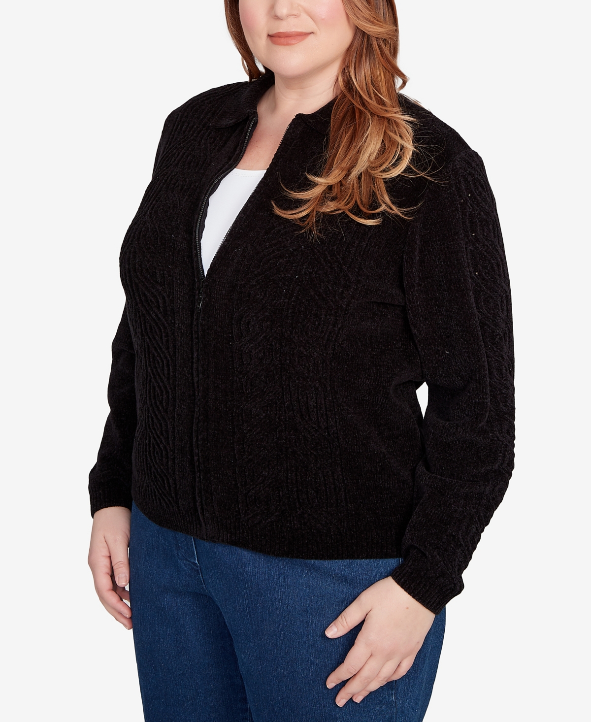 Alfred Dunner Plus Size Classic Zip-front Chenille Collared Cardigan Sweater In Black