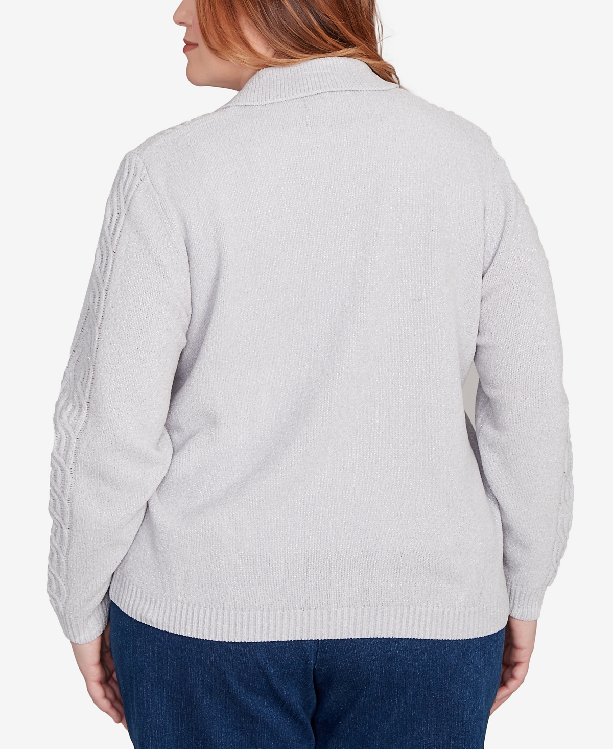Alfred Dunner Plus Size Classic Zip-front Chenille Collared Cardigan Sweater In Gray