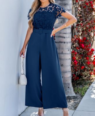 Women's Lace Short Sleeve Belted Jumpsuit