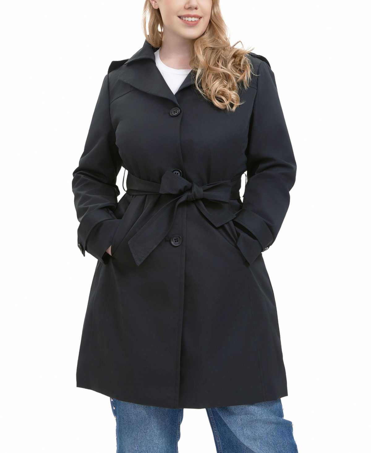 Women's Plus Size Ivy Water Resistant Hooded Trench Coat - Black