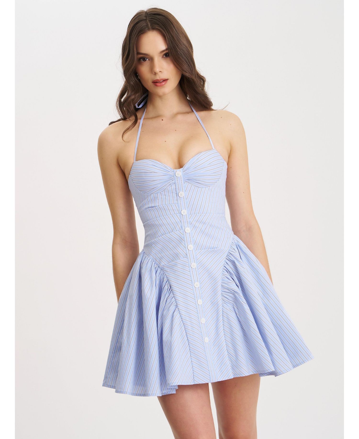 Women's Melody Baby Blue Railroad Stripe Halter Drop Waist Mini Dress
