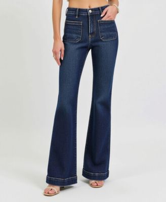 Women's High Waist Flare Front Patch Pocket Jeans