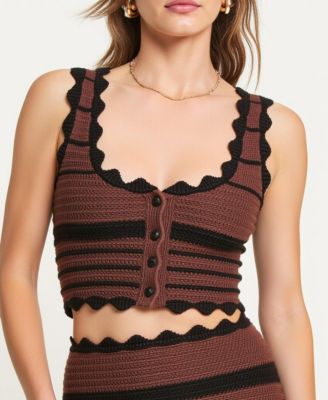 Women's Scallop Trim Crochet Striped Knit Crop Top and Maxi Skirt Set
