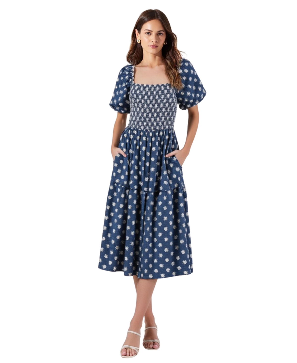 Women's Smocked Puff-Sleeve Tiered Midi Dress with Pockets - Blue