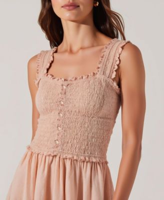 Women's Smocked Ruffle-Strap Button-Front Midi Dress