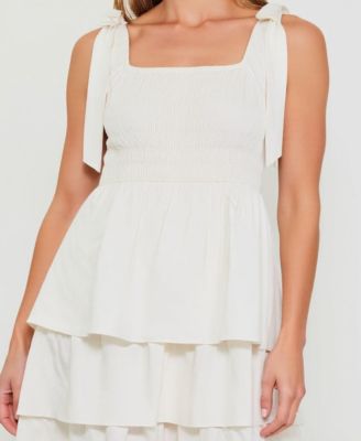 Women's Tiered Smocked Bow-Tie Shoulder Midi Dress