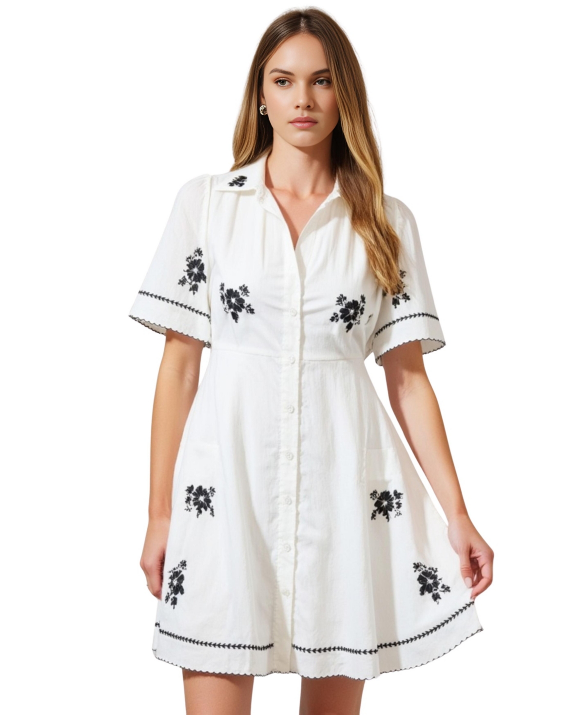 Women's Short-Sleeve Embroidered Scalloped Shirt Dress - White