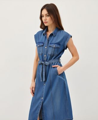 Women's Sleeveless Button-Front Tie-Waist Midi Shirt Dress