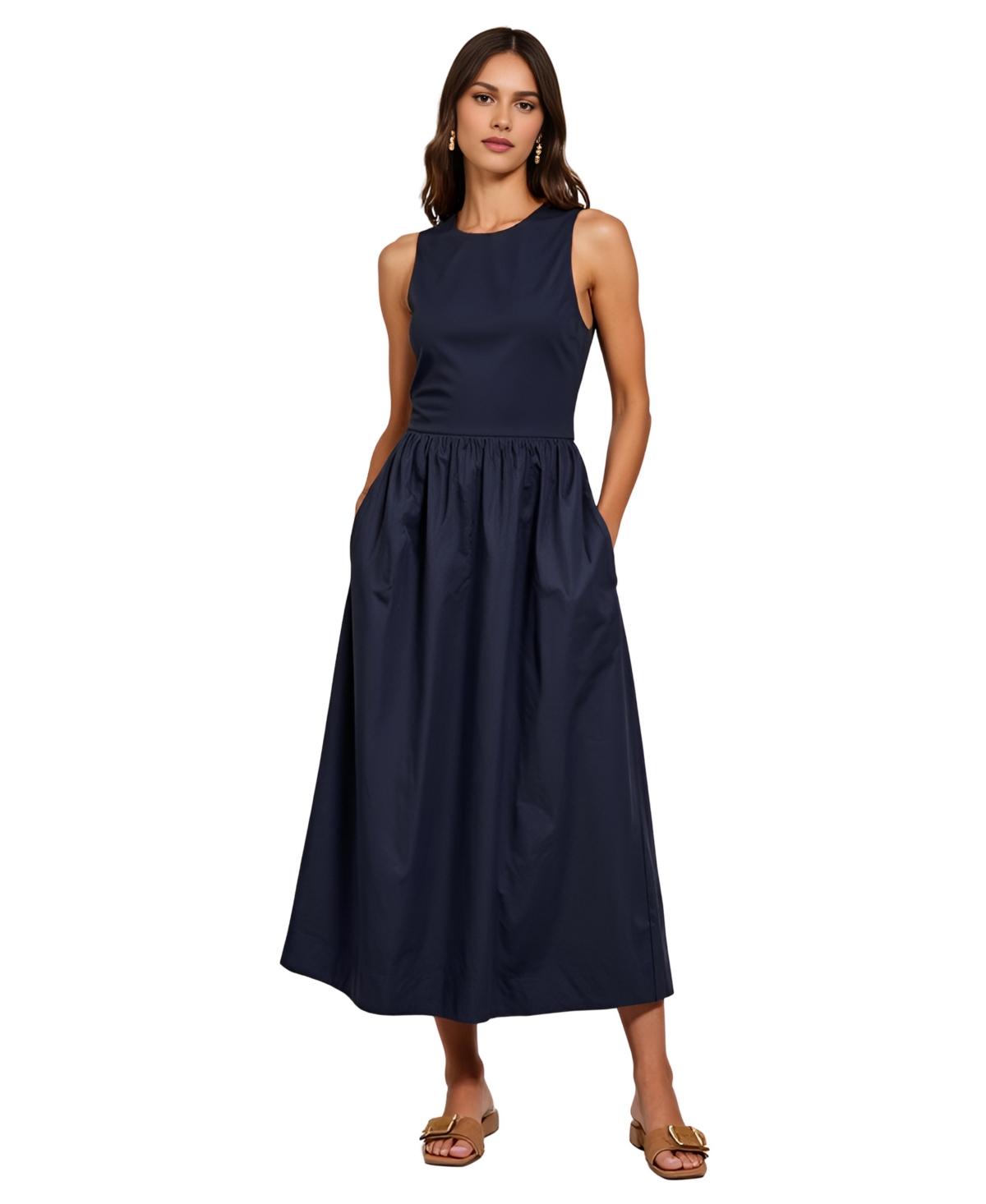 Women's Sleeveless Crewneck Gathered Waist Midi Dress - Dark blue