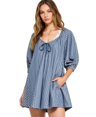 Women's Striped V-Neck Front Tie 3/4 Sleeve Romper