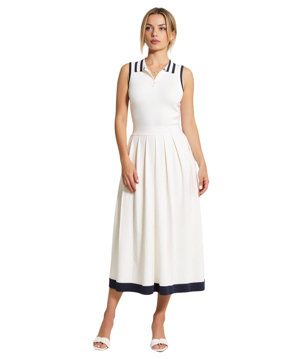 Women's Sleeveless Knit Midi Dress with Contrast Collar - White/navy blue