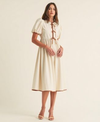 Women's Puff Sleeve Contrast Tie Midi Dress