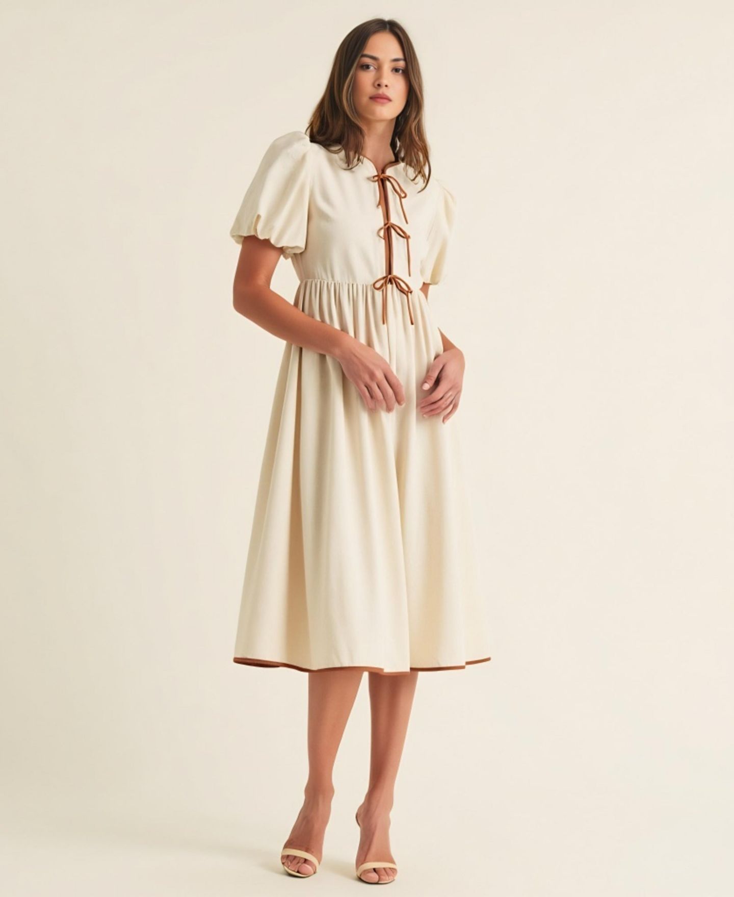 Женское платье Modenaire Puff Sleeve Contrast Tie Midi, цвет: Светлый бежевый — фото 3